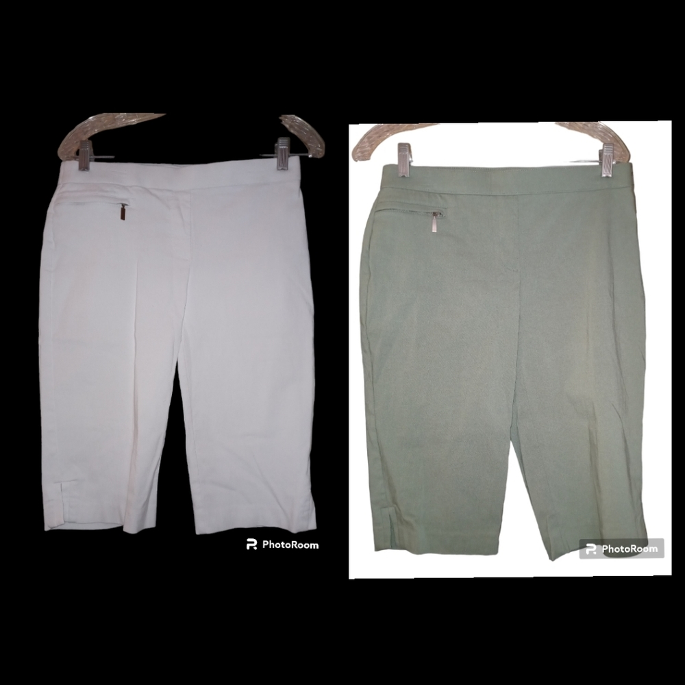 LOT OF (2) Tan Beige & Green Pull On Clamdigger SHORTS Size Petite Small▪